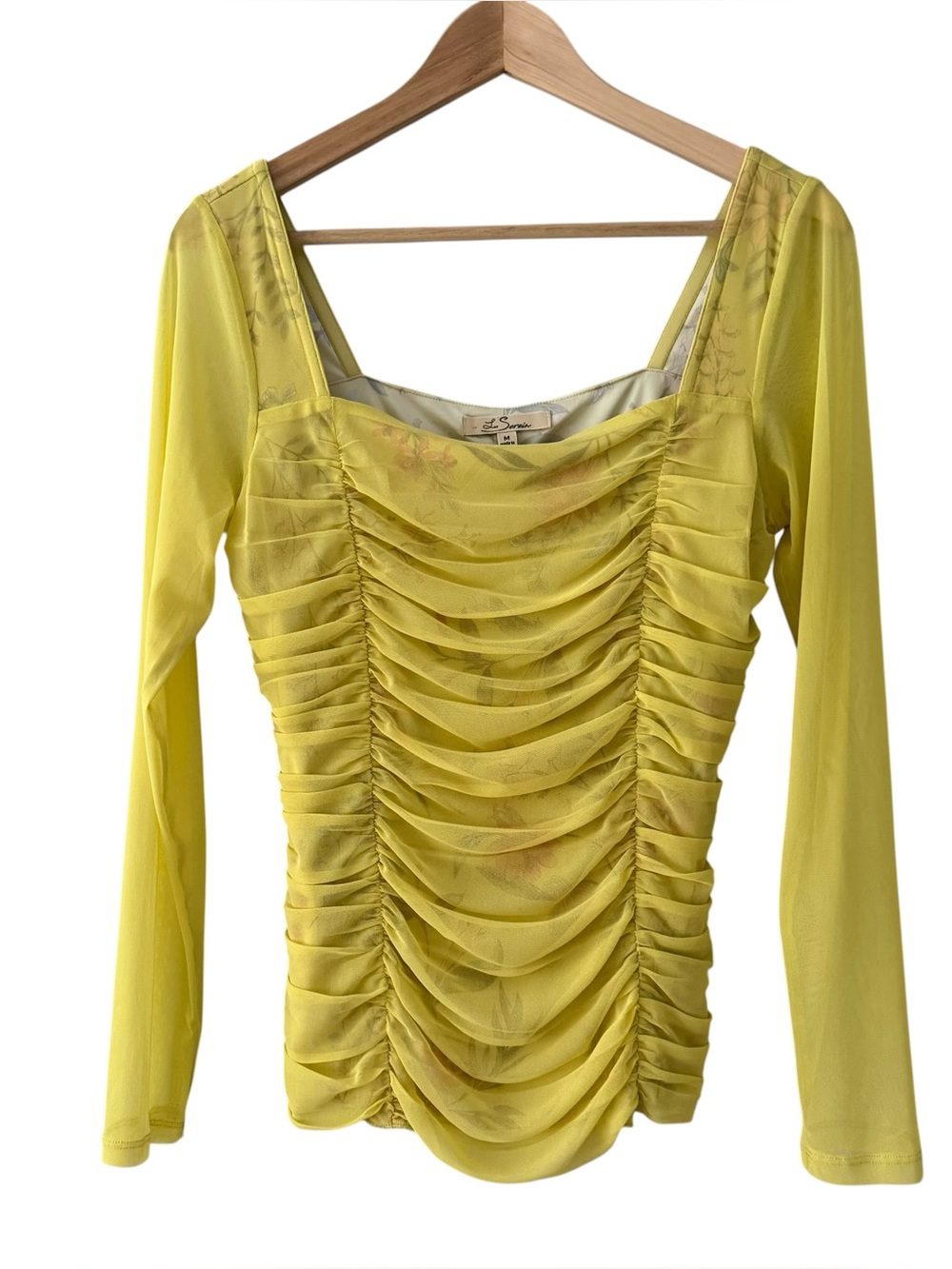 Les Serein Ruched Square Neck Knit Top Yellow